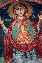 Fresco Bizantino del Siglo XV La Virgen María Pintura Mural Iglesia del Arcángel Miguel en Pedoulas, Chipre Iglesias Pintadas Sitio UNESCO Troodos, Chipre